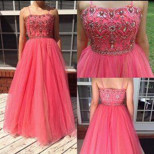 Sherri Hill Pink Chiffon Long Dress with Beaded Bodice, Size 4